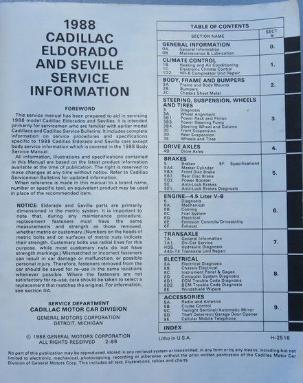 1988 Cadillac Eldorado & Seville Service Information Manual - 2