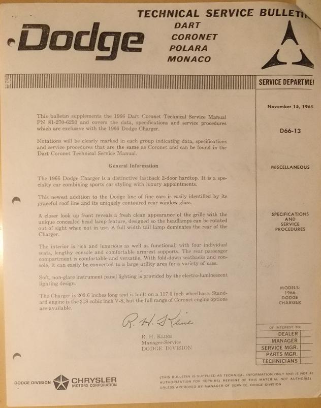 1966 Dodge Charger Service Manual supplement