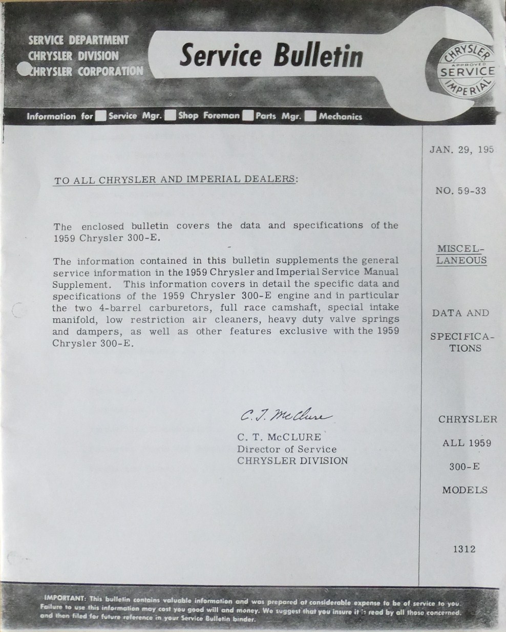 1959 Chrysler 300-E Service Manual