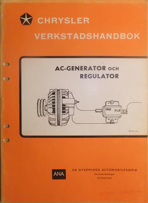 1964 Chrysler Verkstadshandbok AC-generator och regulator svensk original