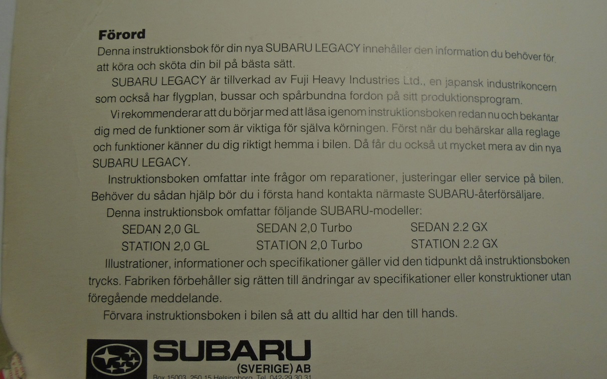 1992 Subaru Legacy Instruktionsbok - 2