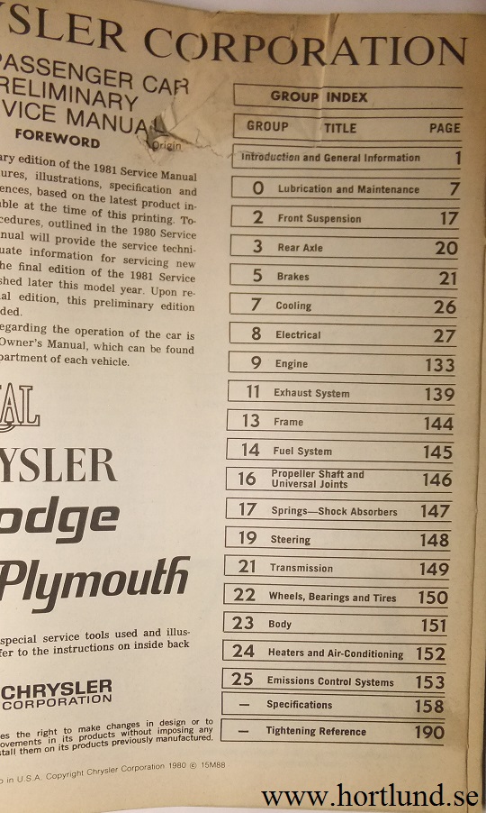 1981 Imperial Chrysler Dodge Plymouth Preliminary Service Information - 2