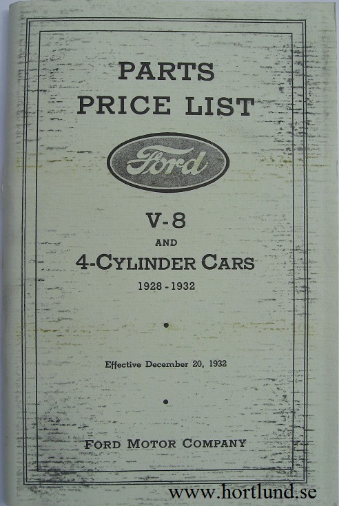 1928 - 1932 Ford V-8 and 4-cylinder Cars Parts Price List