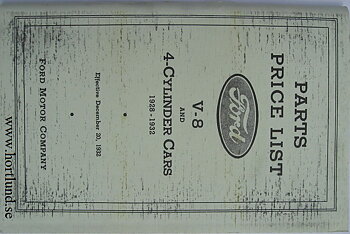 1928 - 1932 Ford V-8 and 4-cylinder Cars Parts Price List