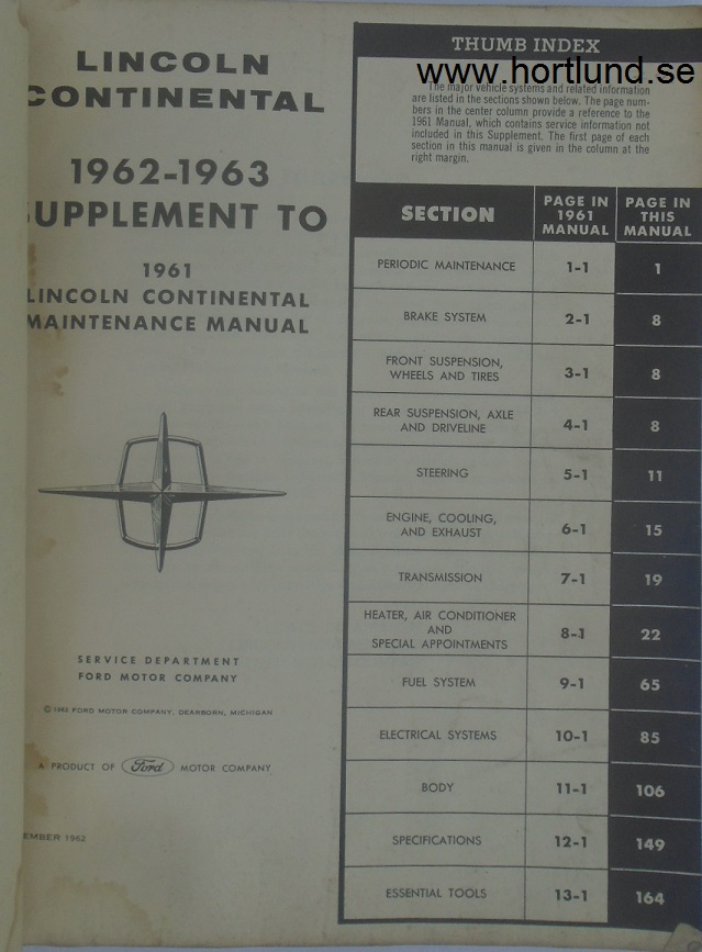 1962 -1963 Lincoln Continental Maintenance Manual supplement original - 2