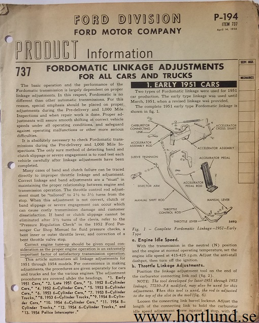 1951-1954 Ford car & Truck Fordomatic Linkage Adjustments