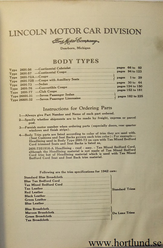 1942 Lincoln Body Parts List - 2