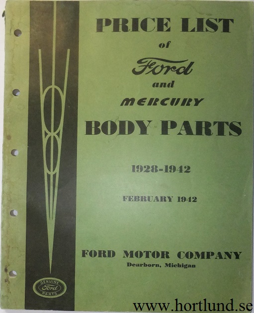 1928 - 1942 Ford and Mercury Price List of Body Parts