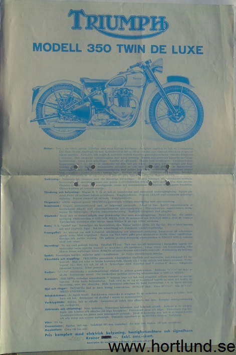1946 Triumph 350 Twin De Luxe broschyr svensk