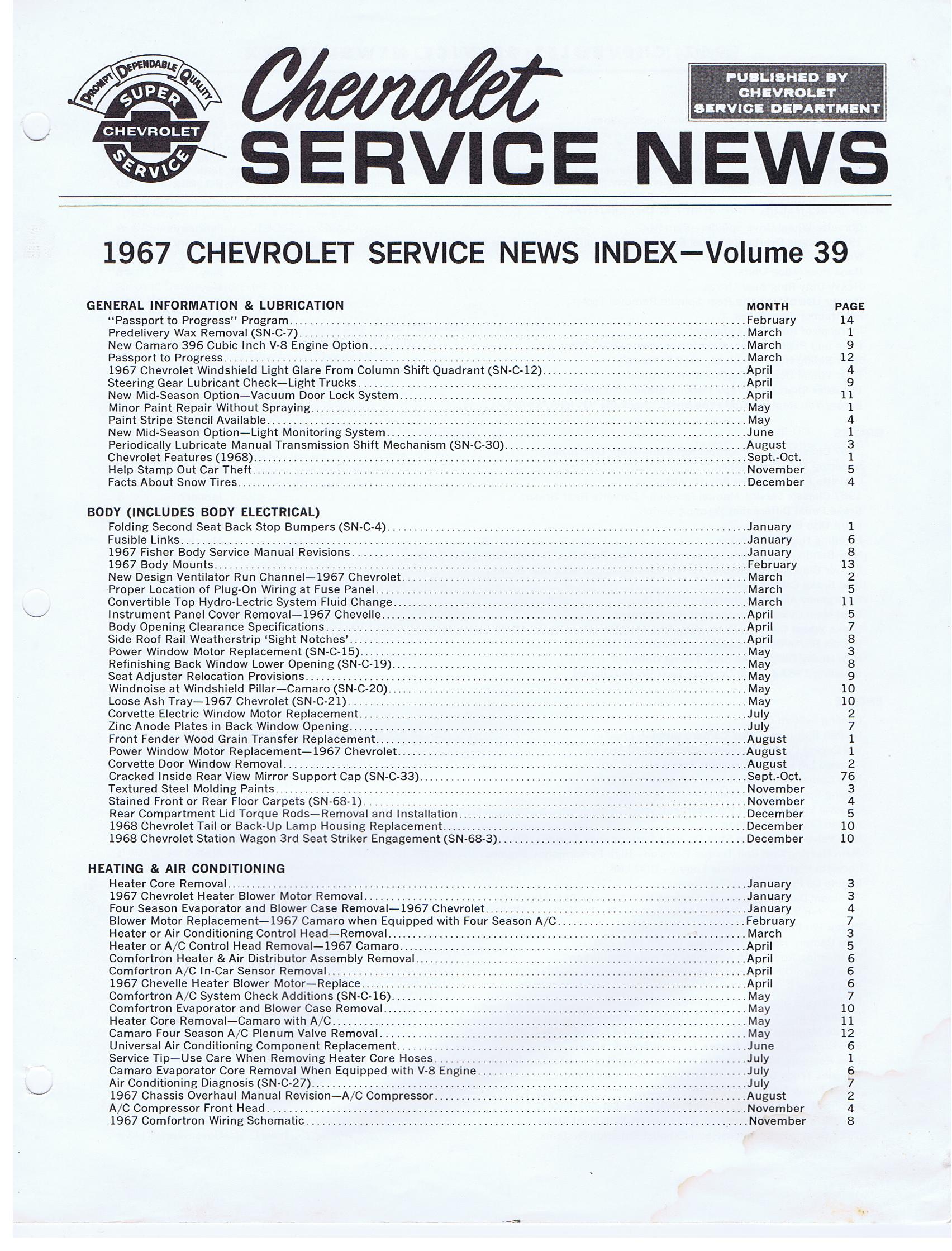 1967 Chevrolet Service News Index