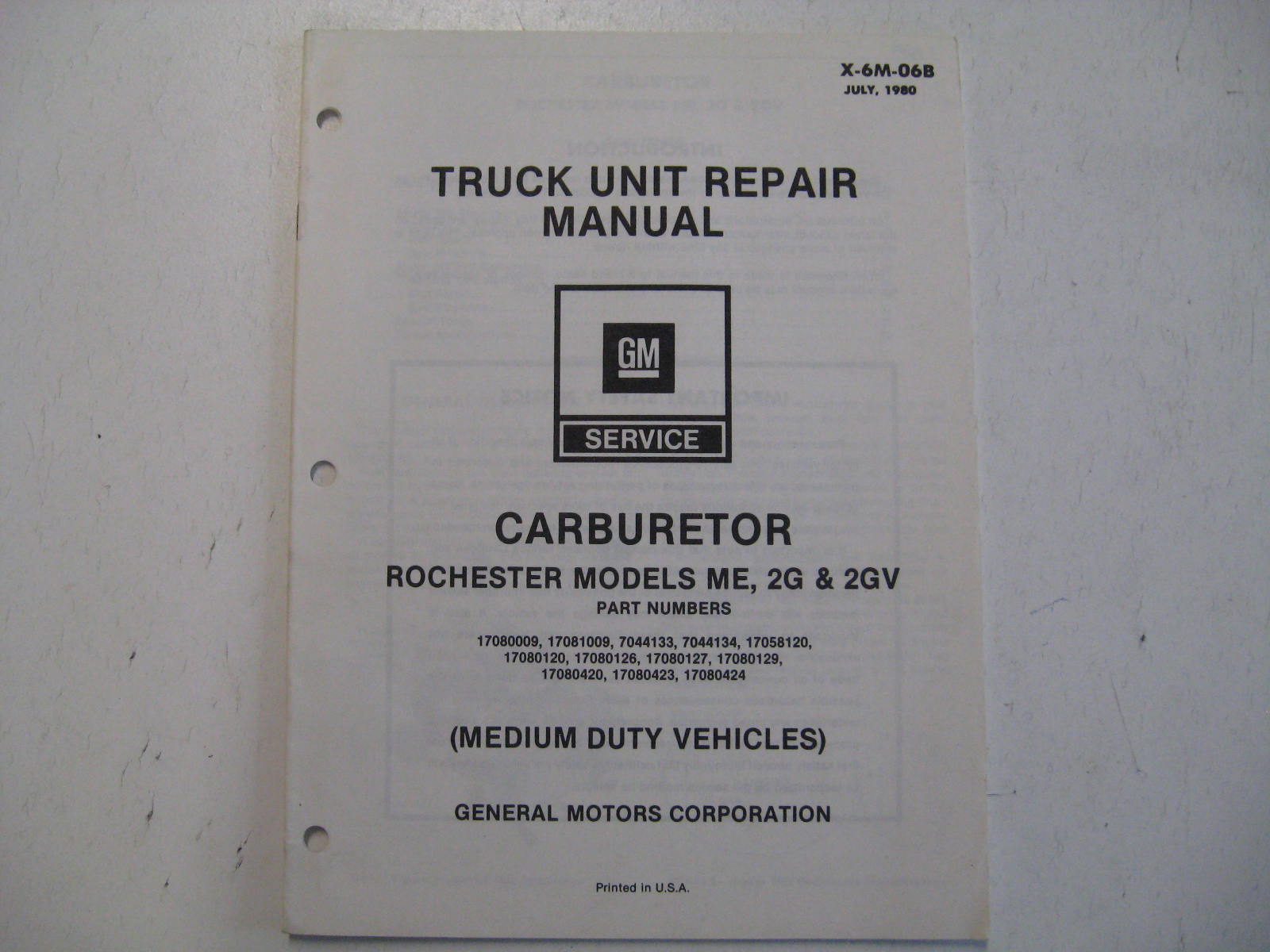 1980 Chevrolet Truck Unit Repair Manual Carburetor Rochester Models ME 2G & 2GV