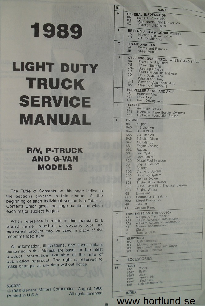1989 GMC Light Duty Truck R/V, G, P Models Service Manual - 2
