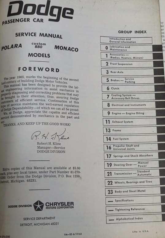 1965 Dodge Service Manual Polara & Monaco - 2
