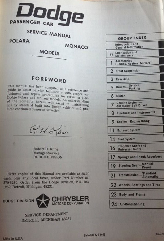 1966 Dodge Service Manual Polara & Monaco - 2