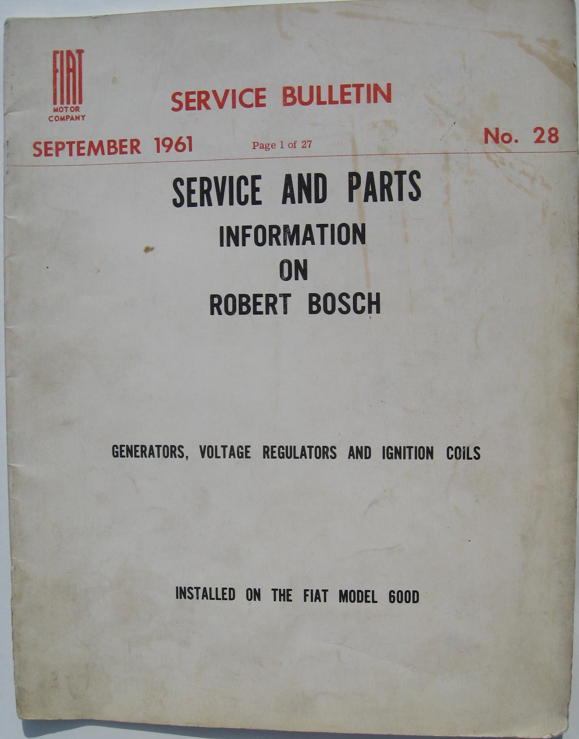 1961 Fiat 600D Service Bulletin September No. 28