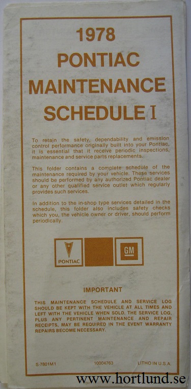 1978 Pontiac Maintenance Schedule I alla modeller