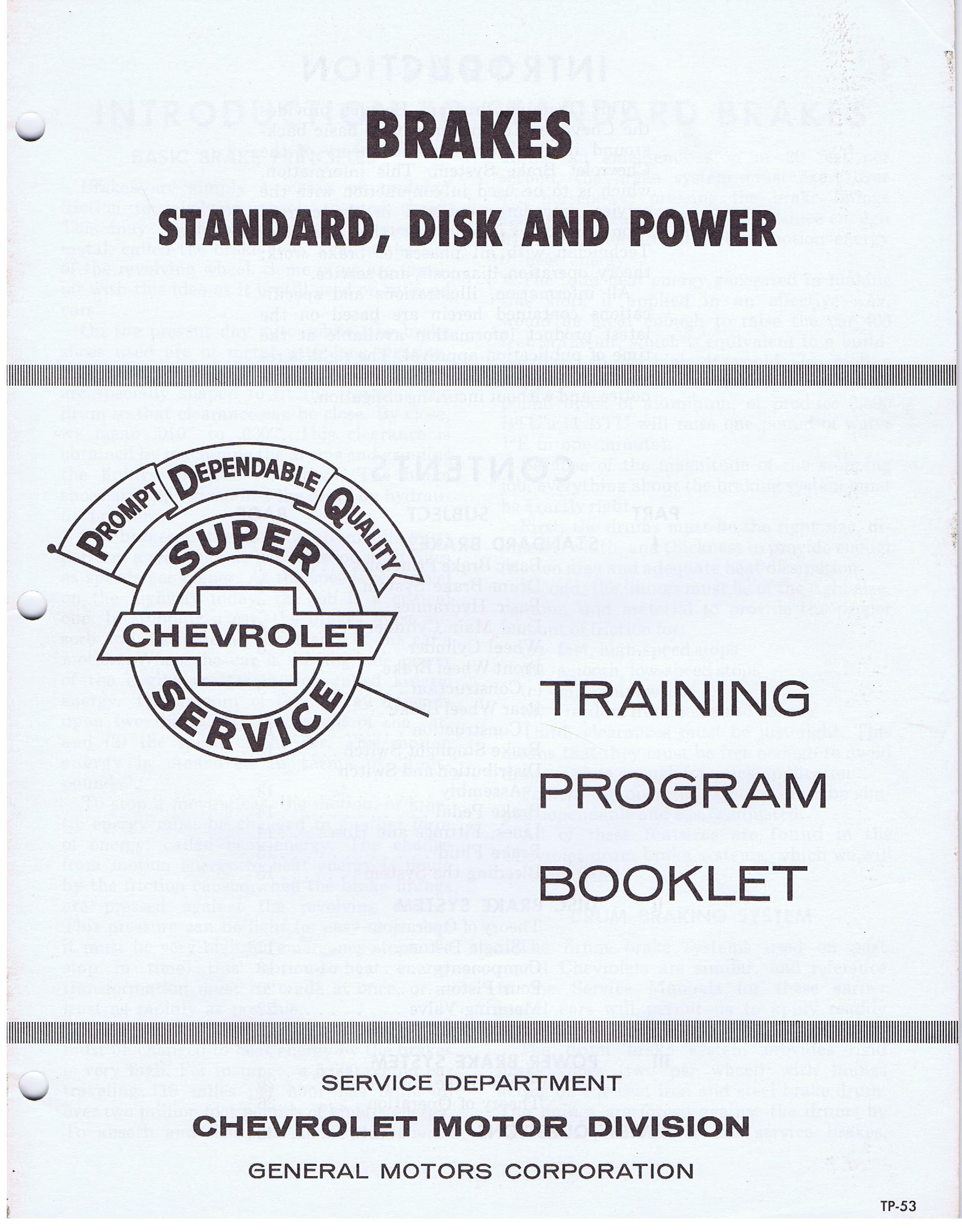 1969 Chevrolet Training Program Booklet Brakes Standard, Disk and Power