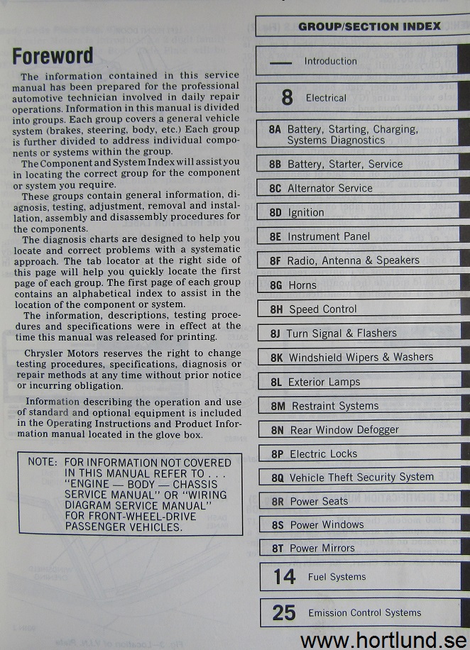 1990 Chrysler Dodge Plymouth Front Wheel Drive Service Manual 2 - 2