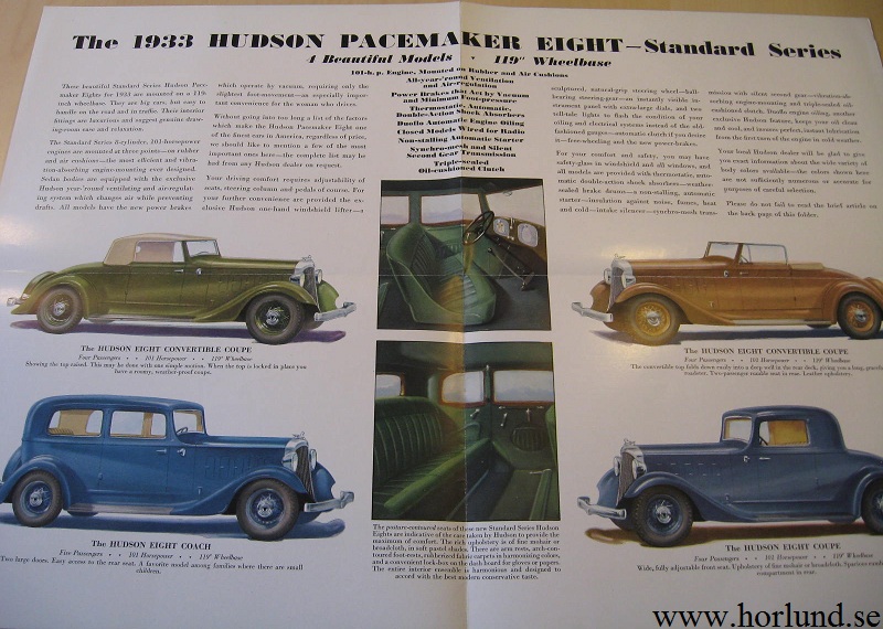 1933 Hudson Pacemaker Eight Standard Series broschyr - 2