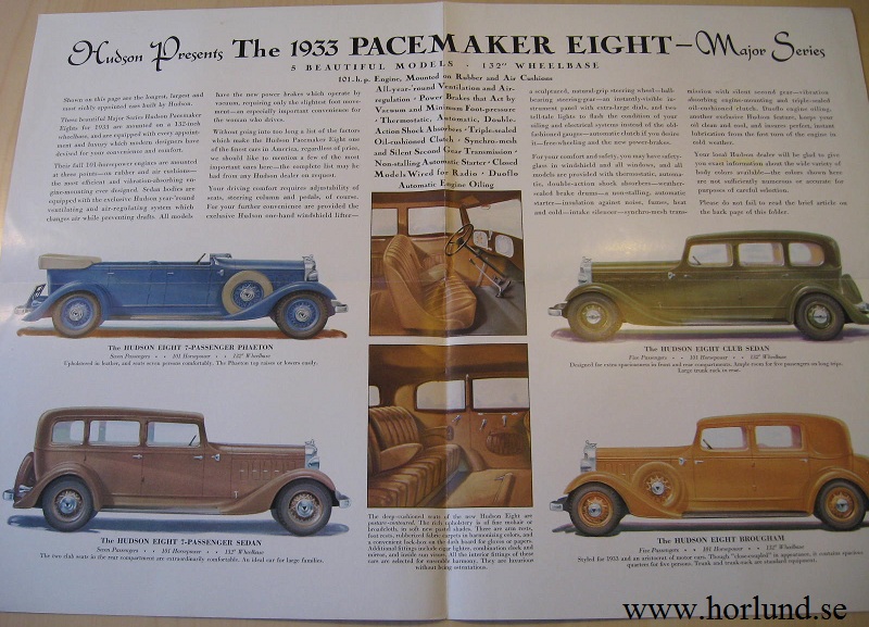 1933 Hudson Pacemaker Eight Major Series broschyr - 2