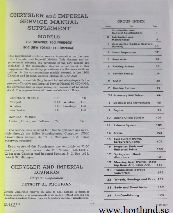 1961 Chrysler och Imperial Service Manual supplement nytryck - 2