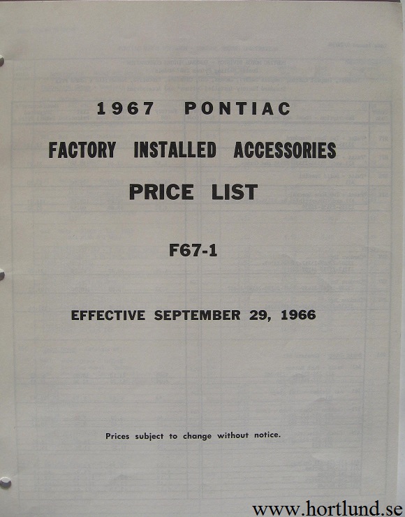 1967 Pontiac Factory Installed Accessories Price List