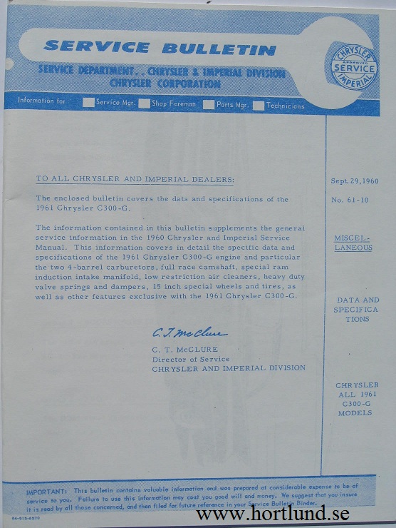 1961 Chrysler 300 G Service Manual supplement