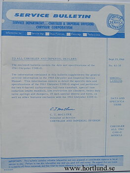 1961 Chrysler 300 G Service Manual supplement
