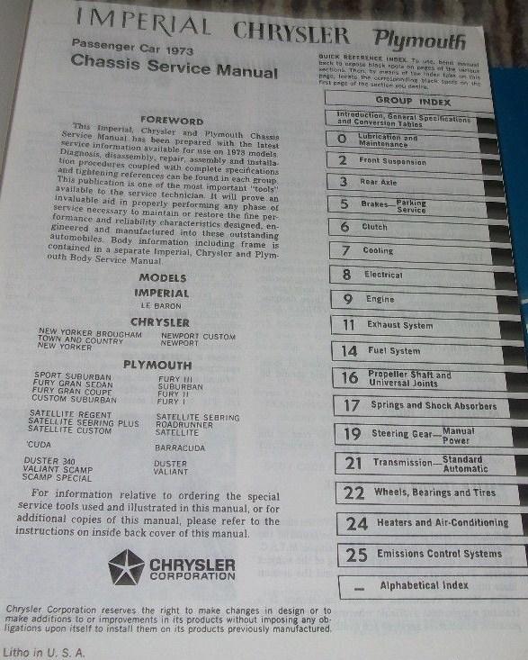 1973 Plymouth & Chrysler och Imperial Service Manual - 2