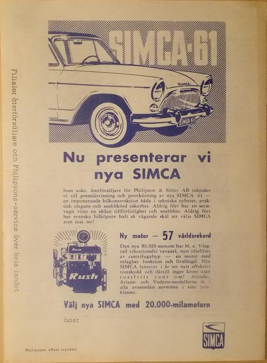 1961 Simca särtryck TfA 3/61 svensk - 2
