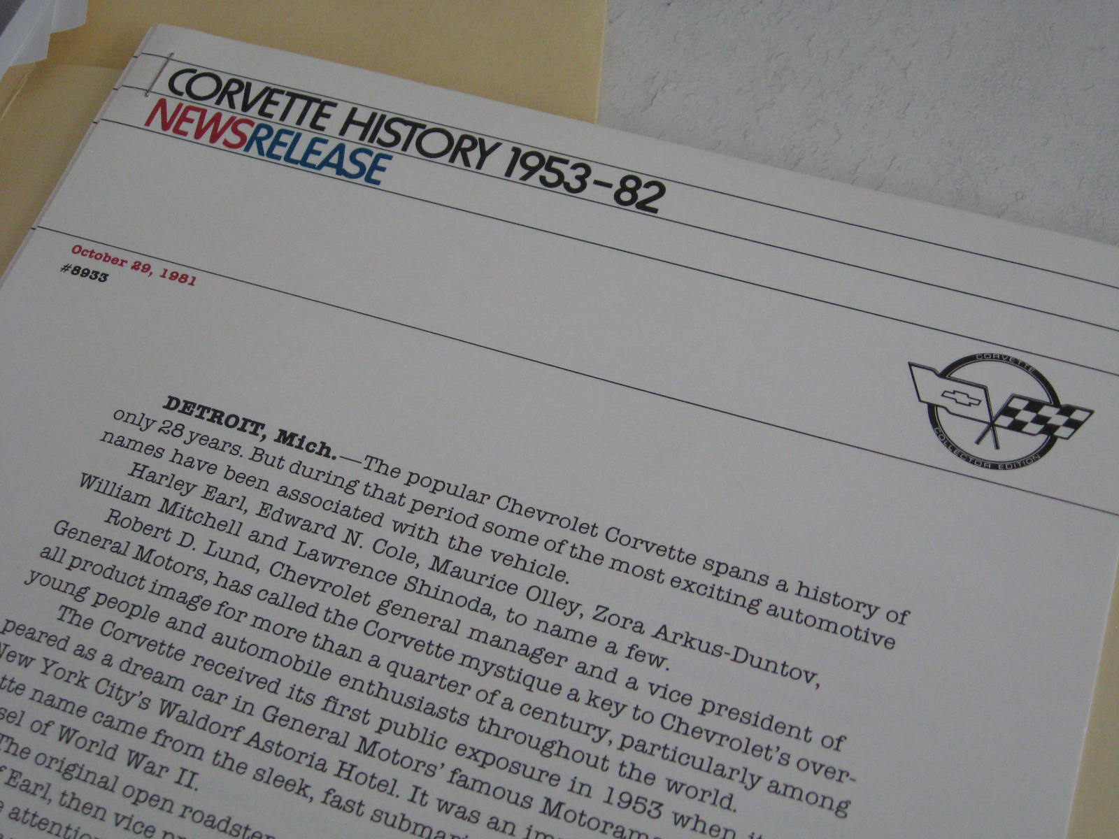 1982 Chevrolet Corvette Press Kit Collector Edition Inklusive original kuvert - 3