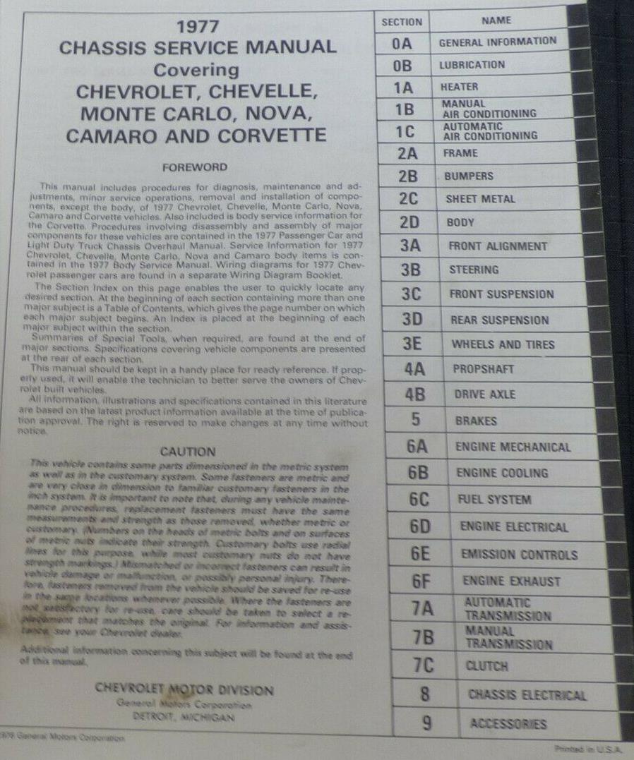 1977 Chevrolet Malibu Camaro Monte Carlo Nova Corvette Service Manual - 2