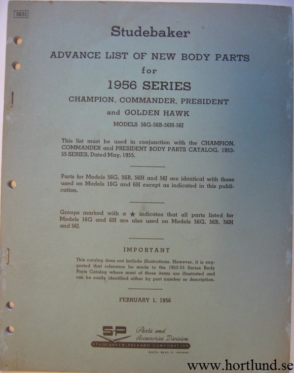 1956 Studebaker Advance List of New Body Parts