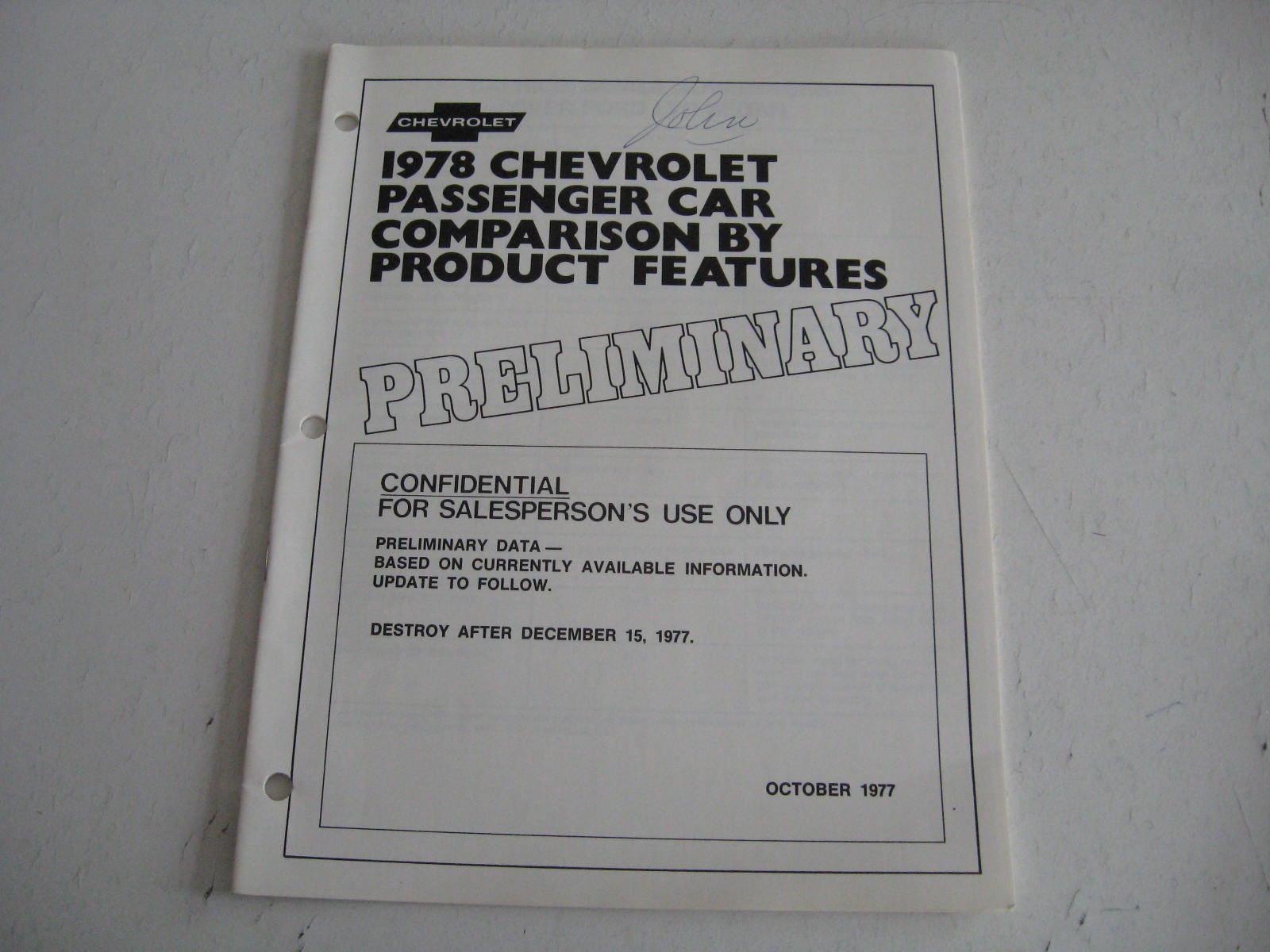 1978 Chevrolet Passenger Car Comparison By Product Features October