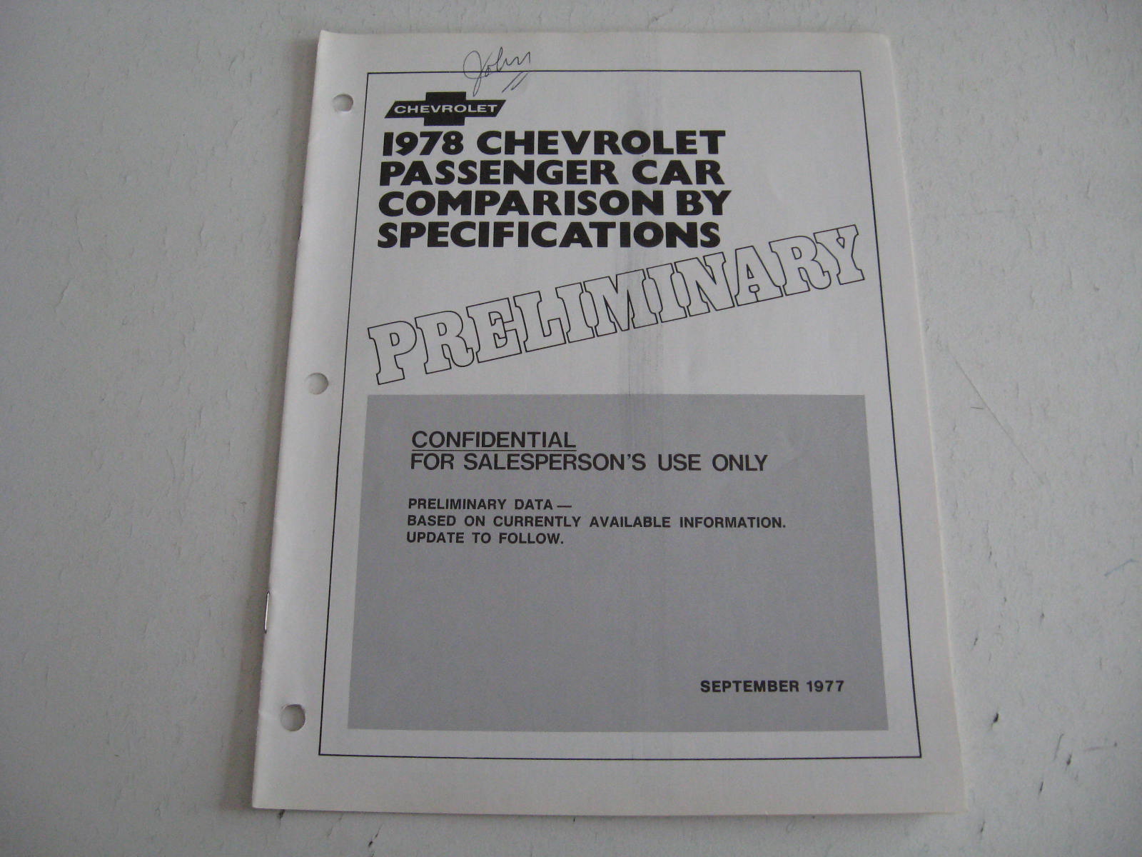 1978 Chevrolet Passenger Car Comparison By Specifications