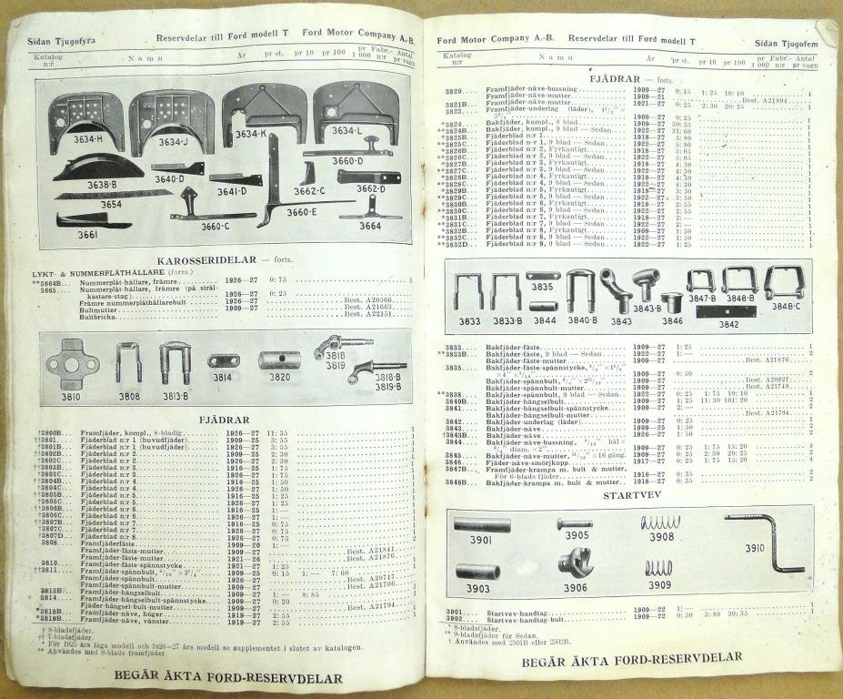 1915 - 1927 Ford Model T Katalog över reservdelar svensk - 2