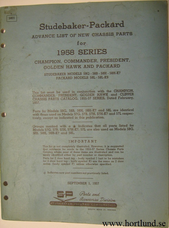 1958 Studebaker and Packard List of New Chassis Parts