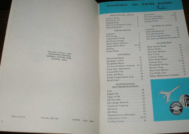 1955 Oldsmobile Owner Manual and Service Policy - 2
