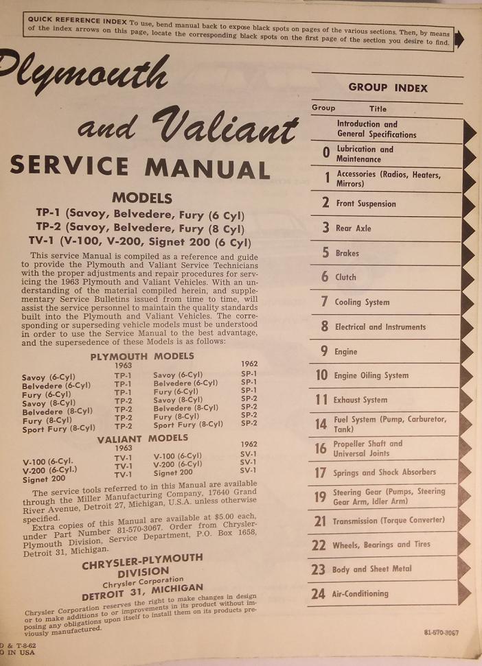 1963 Plymouth & Valiant Service Manual original - 2