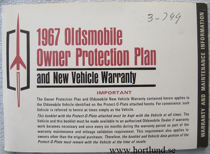 1967 Oldsmobile Owner Protection Plan and New Vehicle Warranty