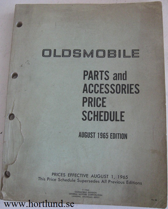 1965 Oldsmobile Parts and Accessories Price Schedule August