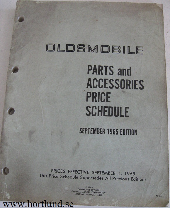 1965 Oldsmobile Parts and Accessories Price Schedule September