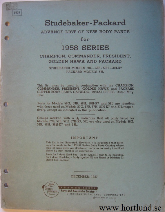 1958 Studebaker and Packard List of New Body Parts
