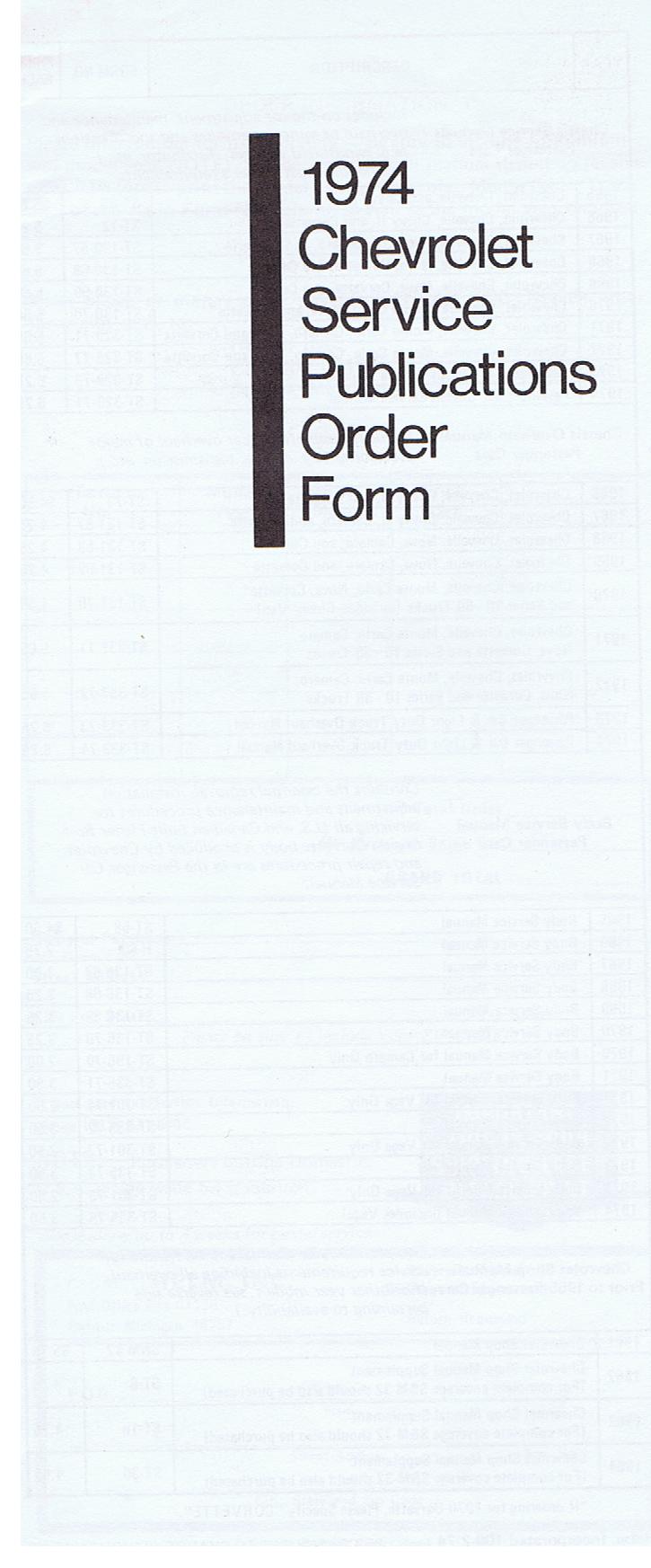1974 Chevrolet Service Publications Order Form