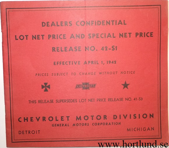 1942 Chevrolet Dealers Confidential Lot Net Price and Special Net Price Realease