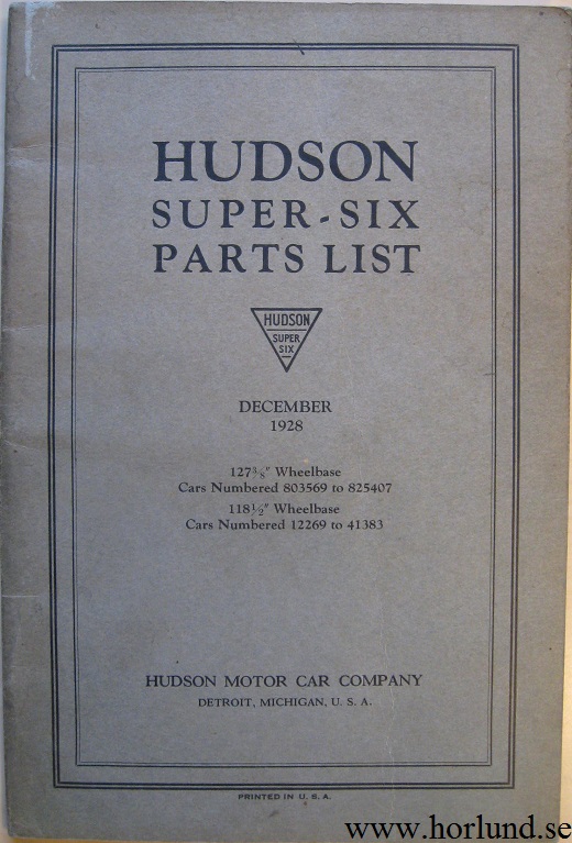 1928 Hudson Super-Six Parts List