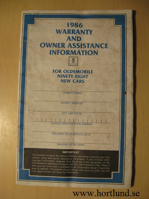 1986 Oldsmobile Ninety-Eight Warranty and Owner Assistance Information