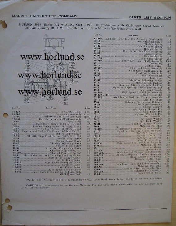 1928 Hudson Carbureter mod B-2 Parts List
