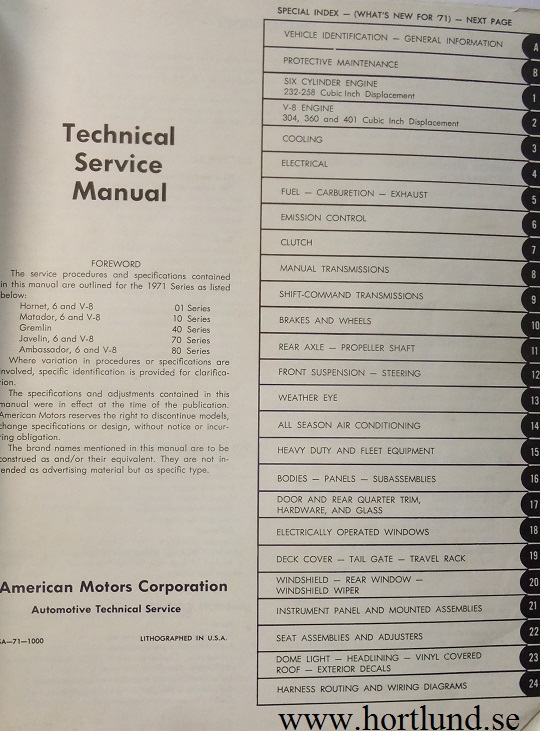 1971 AMC Hornet, Matador, Gremlin, Javelin, Ambassador Technical Service Manual original - 2