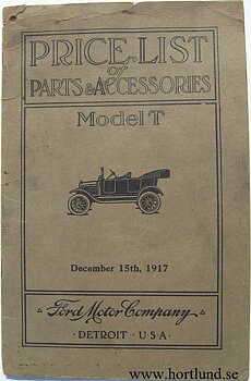 1909 - 1918 Ford Model T Price List of Parts & Accessories